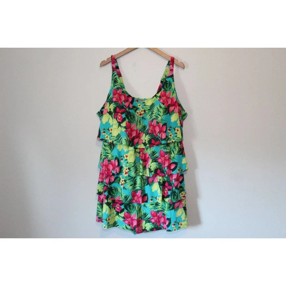 Catherines Tropical Floral Tiered Swimdress One Piece Swimsuit Plus 30W H14335 - Picture 3 of 11